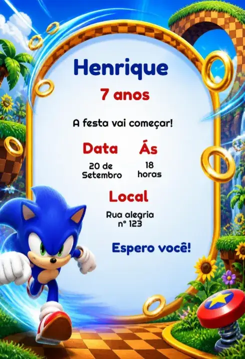 Convite Convite de aniversário Sonic editável – tema Aniversário Infantil Cores vibrantes, Estilo moderno, Elementos de jogos, Gráficos animados, Tema esportivo