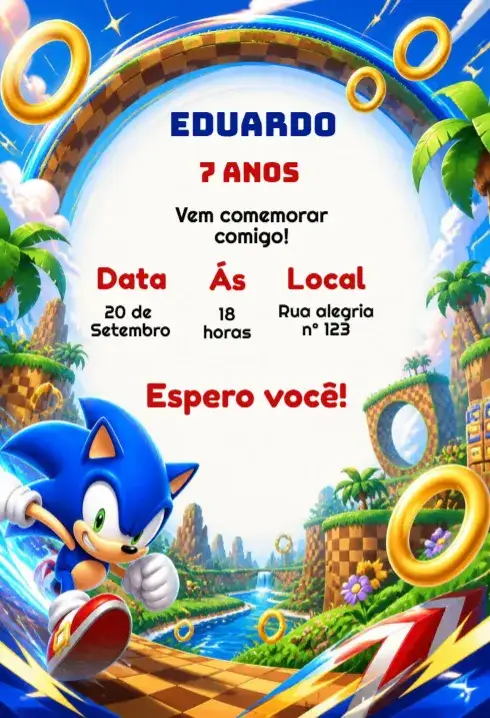 Convite Convite de aniversário sonic editável – tema Aniversário Infantil Cores vibrantes, Estilo moderno, Elementos gráficos do Sonic, Design divertido, Tema infantil, Estilo colorido