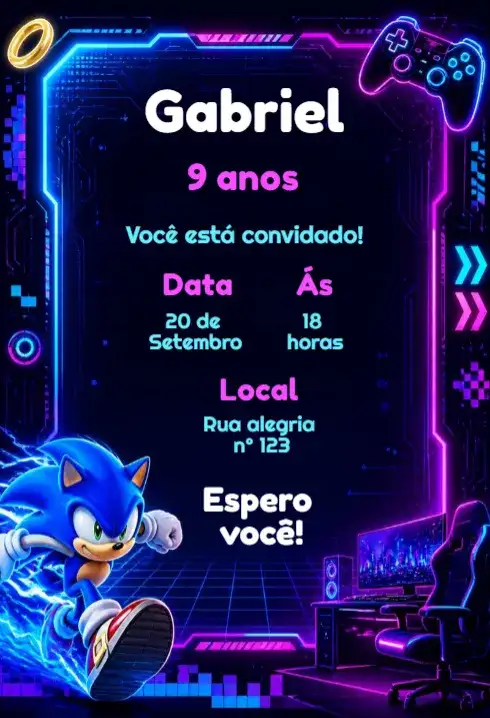 Convite de aniversário Sonic gamer
