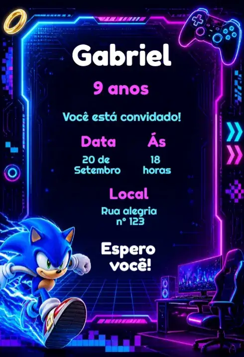 Convite Convite de aniversário Sonic gamer – tema Aniversário Infantil colorido, divertido, jovial, moderno, jogos
