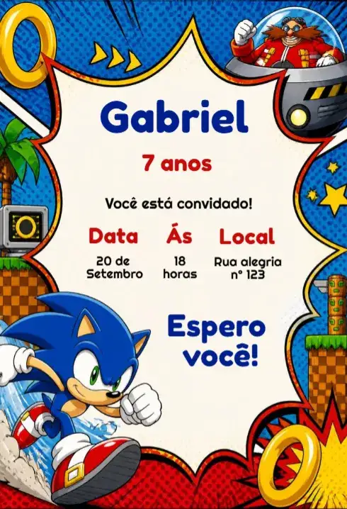 Convite de aniversário Sonic para editar