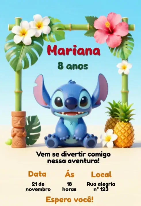 Invitación Convite de aniversário stitch – tema Aniversário Infantil colorido, divertido, temático, tropical, lúdico