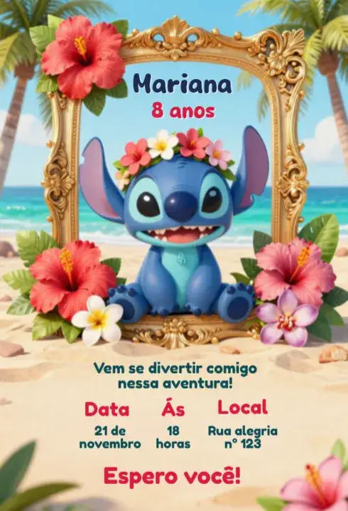 Invitación Convite de Aniversário Stitch – tema Aniversário Infantil colorido, tropical, divertido, ilustrações lúdicas, estilo cartoon