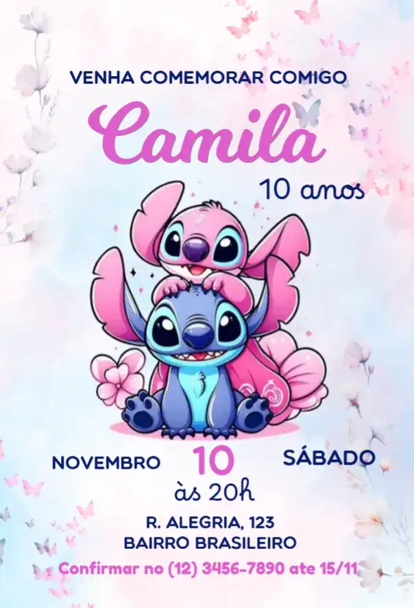Convite de Aniversário Stitch e Angel Encanto Floral