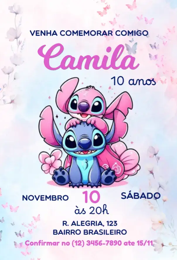 Invitation Convite de Aniversário Stitch e Angel Encanto Floral – Aniversário Infantil theme floral, colorido, lúdico, divertido, temático, infantil