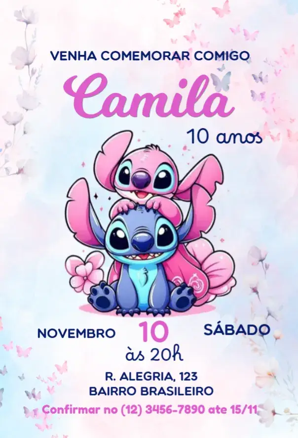 Convite de Aniversário Stitch e Angel Encanto Floral
