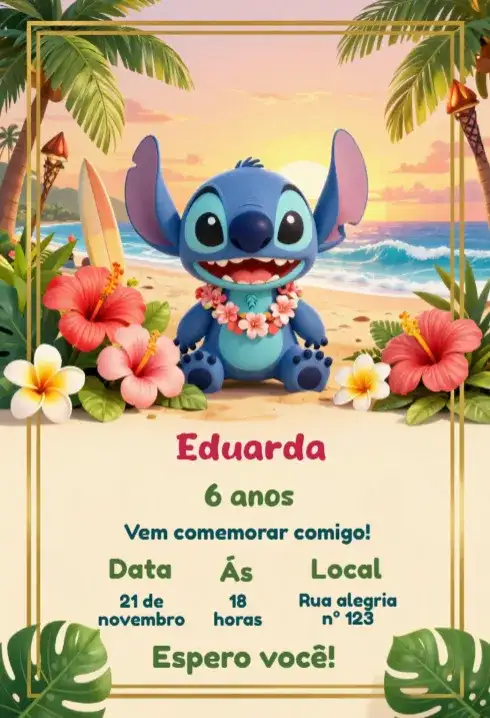 Convite de Aniversário Stitch editável