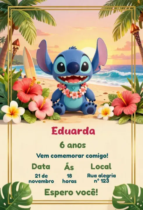 Convite de Aniversário Stitch editável