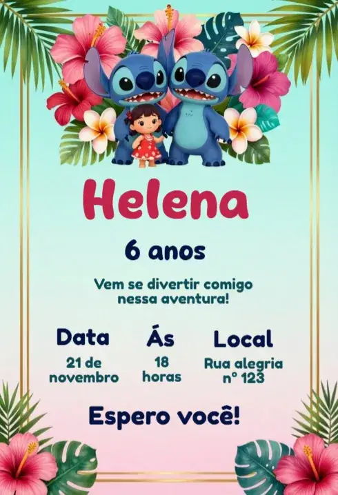 Invitación Convite de aniversário Stitch editável – tema Aniversário Infantil colorido, tropical, divertido, ilustrações infantis, havaiano