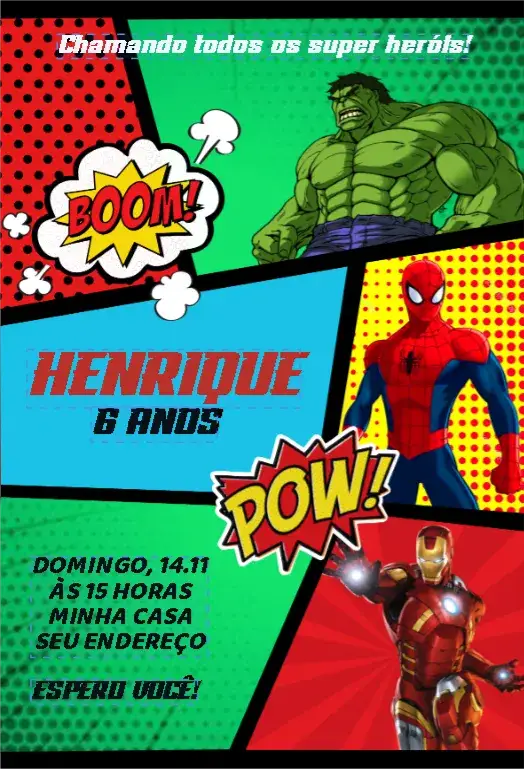 Convite Convite de Aniversário Super Heróis Vingadores Comic – tema Cartão vibrante, quadrinhos, moderno, colorido, temático