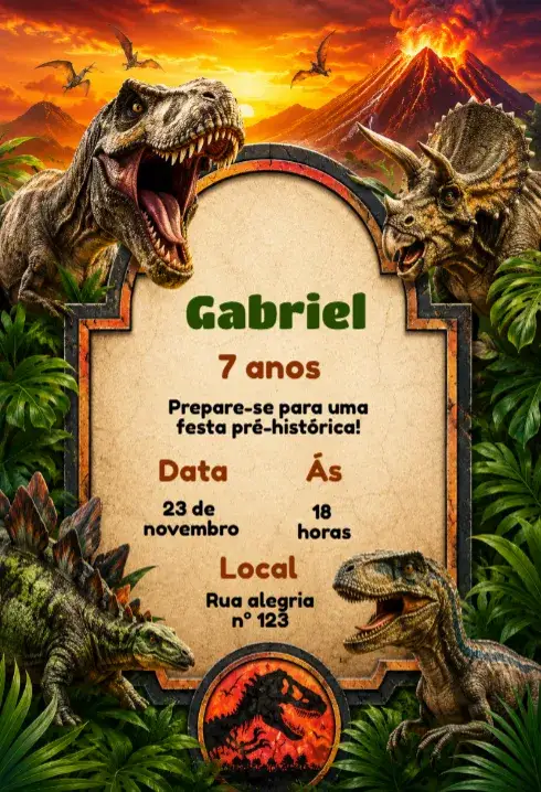 Convite Convite de aniversário tema dinossauro – tema Aniversário Infantil colorido, divertido, ilustrações de dinossauros, estilo cartoon, temática pré-histórica