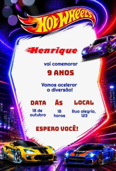 Convite de aniversário tema hot wheels editável