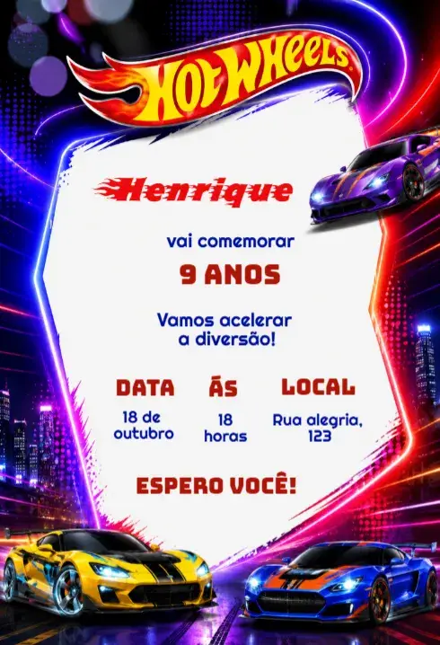 Convite de aniversário tema hot wheels editável