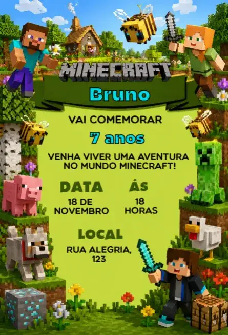 Convite de aniversário tema minecraft