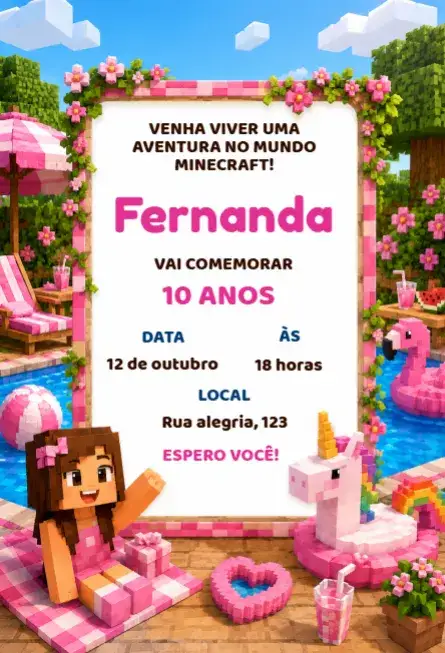 Convite Convite de aniversário tema minecraft – tema Aniversário Infantil pixelado, colorido, aventura, jogos, divertido