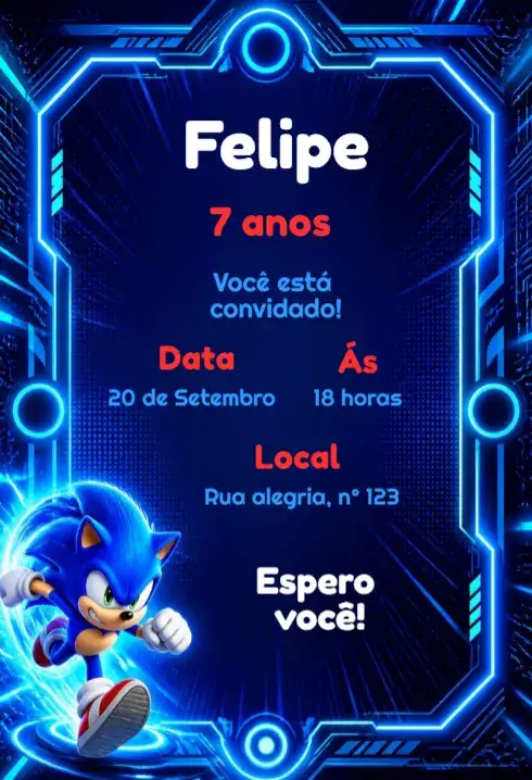 Convite Convite de aniversário tema sonic – tema Aniversário Infantil vibrante, colorido, divertido, jogos, aventura, infantil