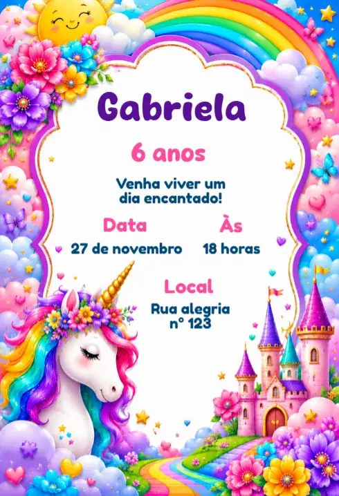 Convite Convite de aniversário tema unicornio – tema Aniversário Infantil cores pastel, estilo lúdico, elementos mágicos, ilustrações divertidas, detalhes brilhantes