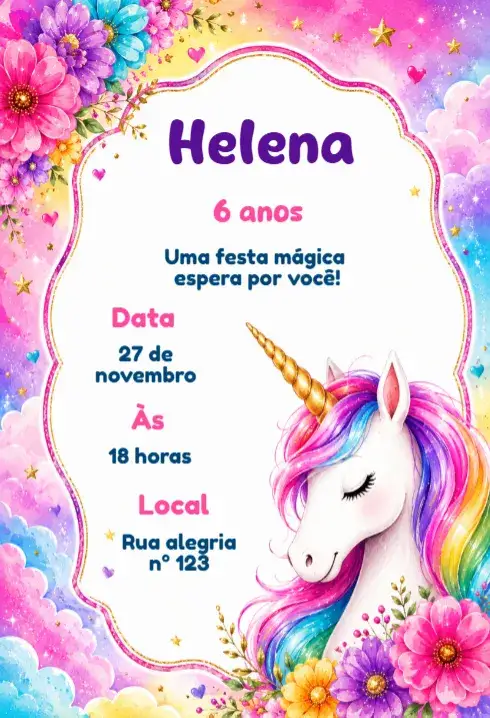 Convite Convite de aniversário tema unicornio – tema Aniversário Infantil cores pastéis, estilo lúdico, elementos mágicos, design colorido, ilustrações de unicórnio, detalhes encantadores