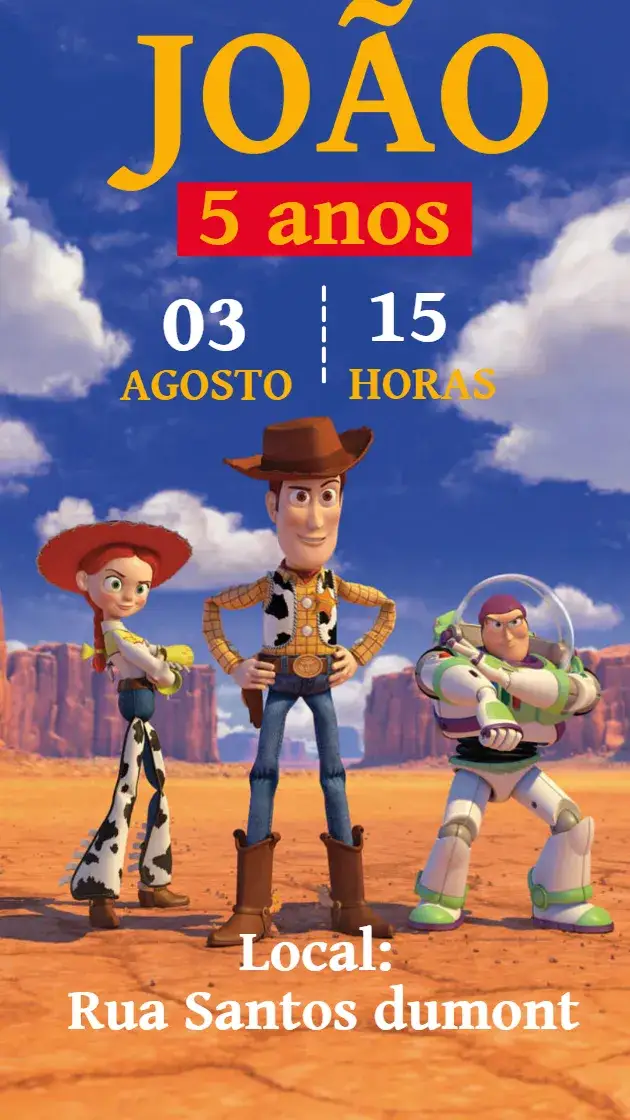 Convite Convite de aniversário Toy Story – tema Aniversário Infantil colorido, brincalhão, divertido, temático, ilustrações do filme, estilo animado