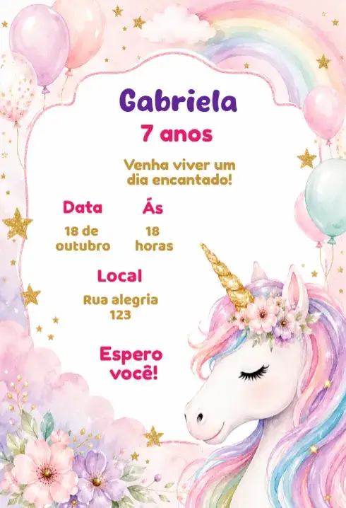 Convite Convite de Aniversário Unicórnio – tema Aniversário Infantil colorido, fantasia, mágico, alegre, divertido