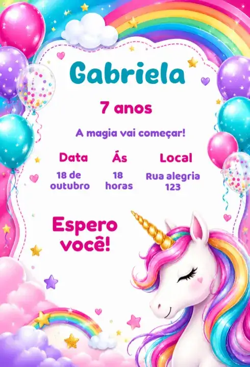 Convite de aniversário unicornio editável