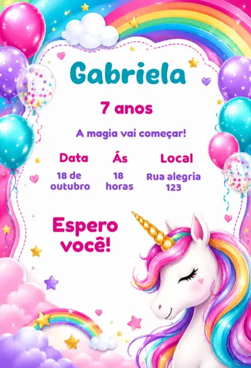 Convite Convite de aniversário unicornio editável – tema Aniversário Infantil colorido, fantasia, mágico, lúdico, ilustração