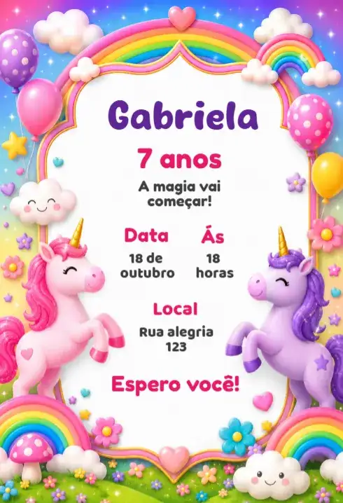 Convite de aniversário Unicórnio editável