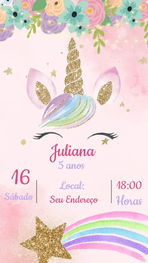 Convite Convite de Aniversário UNICÓRNIO – tema Aniversário Infantil cores pastel, elementos mágicos, estilo lúdico, temática de conto de fadas, ilustrações divertidas