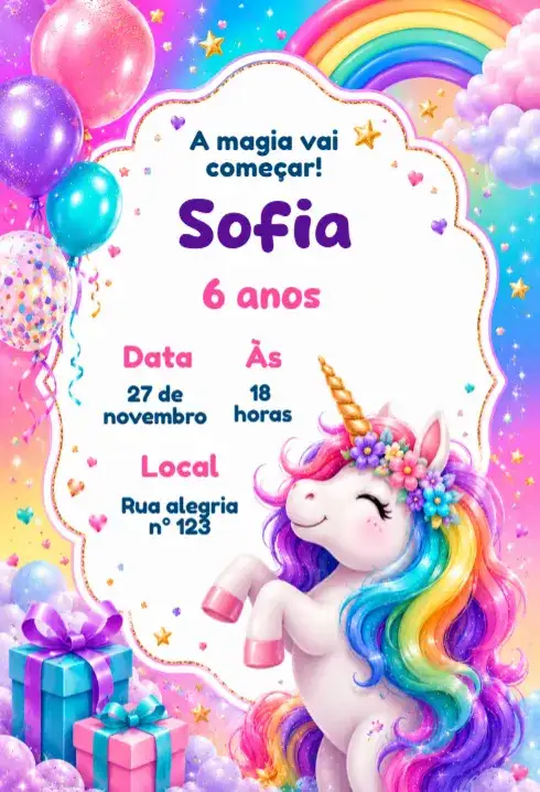 Convite de aniversário unicornio fofo