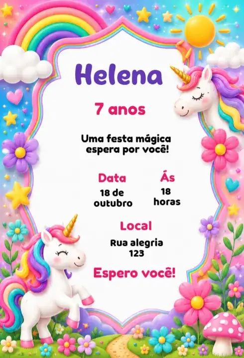 Convite de aniversário unicornio fofo editável