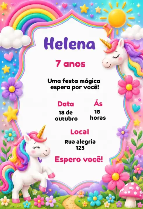 Convite Convite de aniversário unicornio fofo editável – tema Aniversário Infantil colorido, fantasia, ilustrativo, brilhante, mágico, divertido