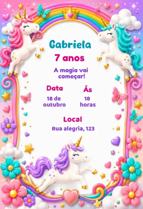 Convite de aniversário unicornio infantil editável
