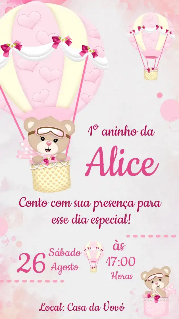 Convite de Aniversário Ursinha Baloeira Rosa