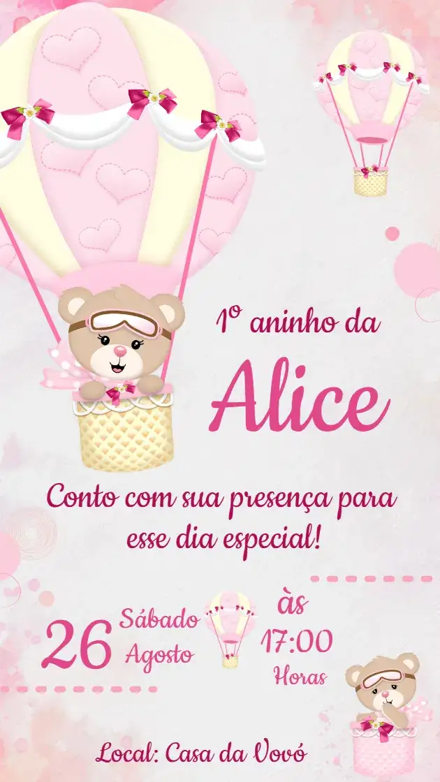 Convite Convite de Aniversário Ursinha Baloeira Rosa – tema Aniversário Infantil rosa, infantil, divertido, lúdico, feminino, colorido
