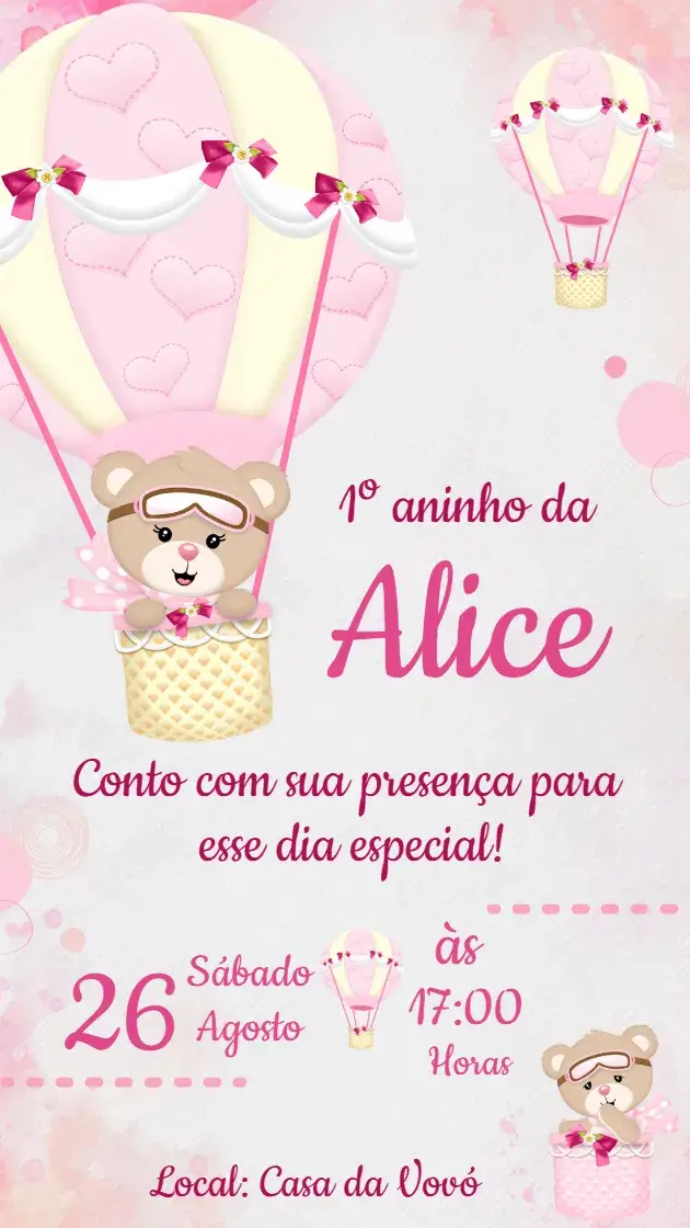 Convite de Aniversário Ursinha Baloeira Rosa