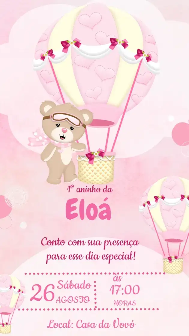 Convite de Aniversário Ursinha Baloeira Rosa