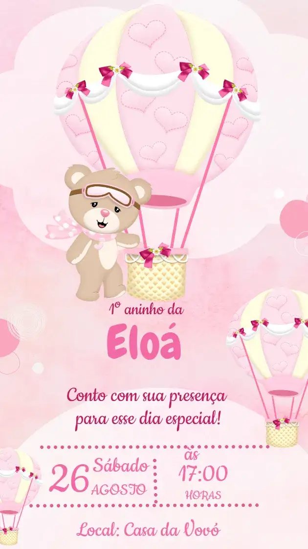 Convite Convite de Aniversário Ursinha Baloeira Rosa – tema Aniversário Infantil rosa, lúdico, infantil, divertido, fofo, colorido