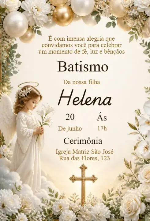 Invitation Baptism Invitation with Floral Angel – Kids' Birthday Party theme floral, angelical, golden, delicate, childlike, romantic