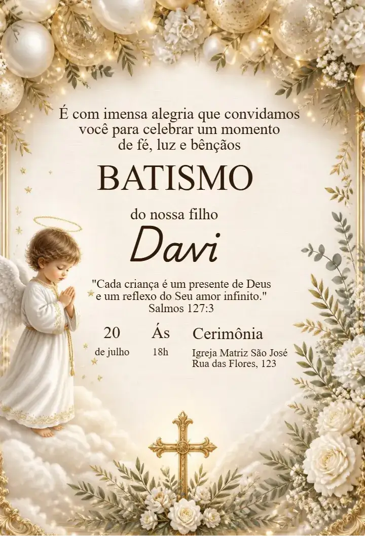 Invitación Invitación de Bautismo con Angelito – tema Cumpleaños Infantil dorado, infantil, elegante, delicado, angelical