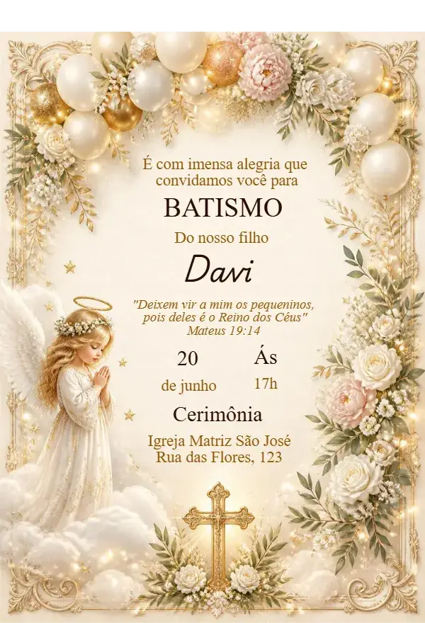 Invitación de Bautismo con Ángel Floral