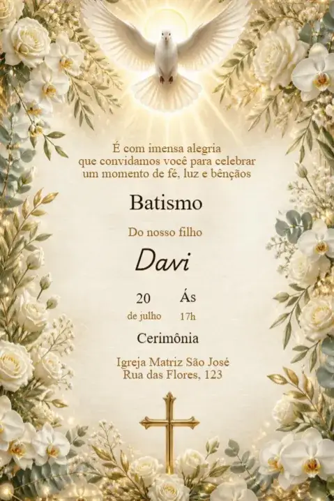 Invitation Baptism Invitation with Holy Spirit – Kids' Birthday Party theme floral, modern, religious, delicate, minimalist, white and gold
