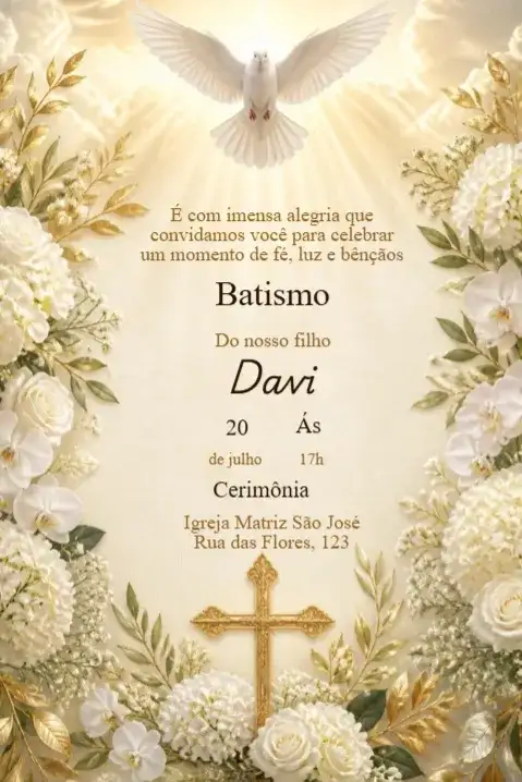 Baptism Invitation with Holy Spirit, Cross, and White Flowers