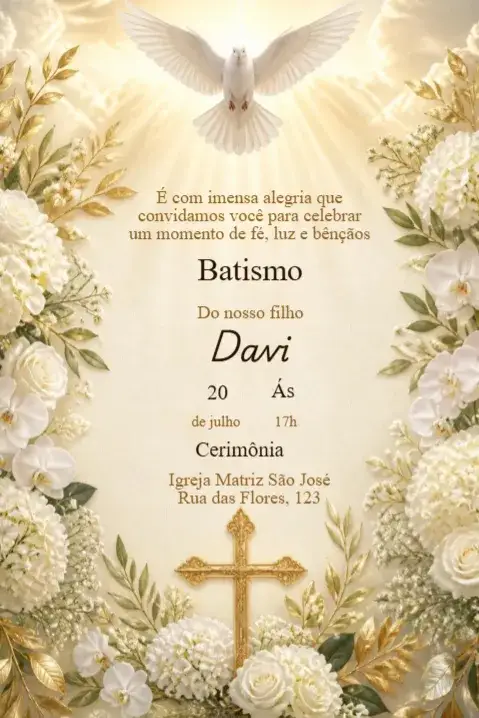 Invitation Baptism Invitation with Holy Spirit, Cross, and White Flowers – Kids' Birthday Party theme floral, minimalist, golden, pastel, modern, elegant