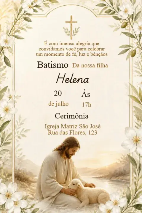 Invitación Invitación de Bautismo con Jesús – tema Cumpleaños Infantil dorado, bíblico, floral, infantil, espiritual