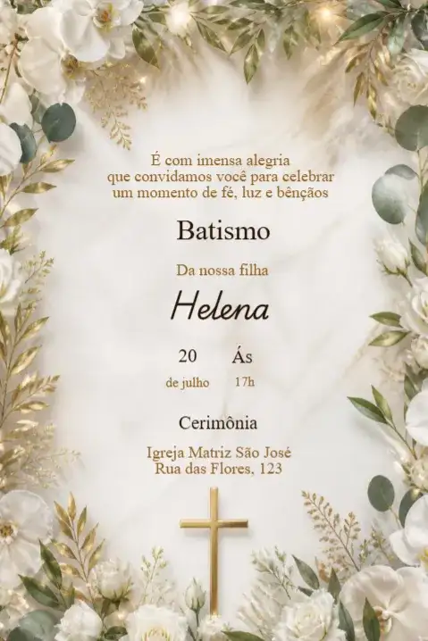 Floral Baptism Invitation with Golden Cross