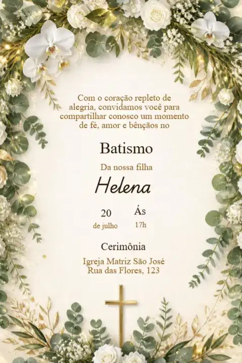 Floral Baptism Invitation with Golden Cross