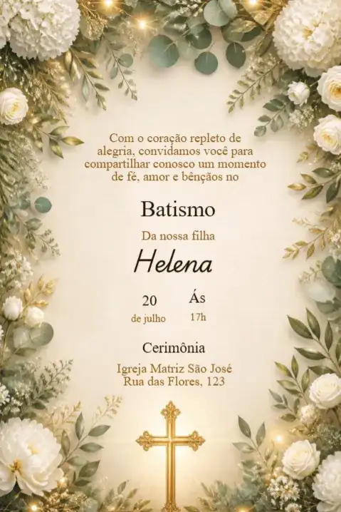 Floral Baptism Invitation with Cross and Foliage