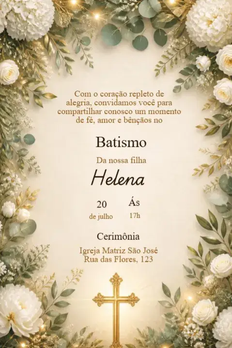 Invitación de Bautizo Floral con Cruz y Follaje