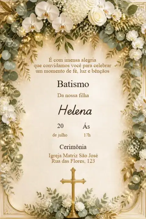 Floral Baptism Invitation with Orchids and Golden Cross