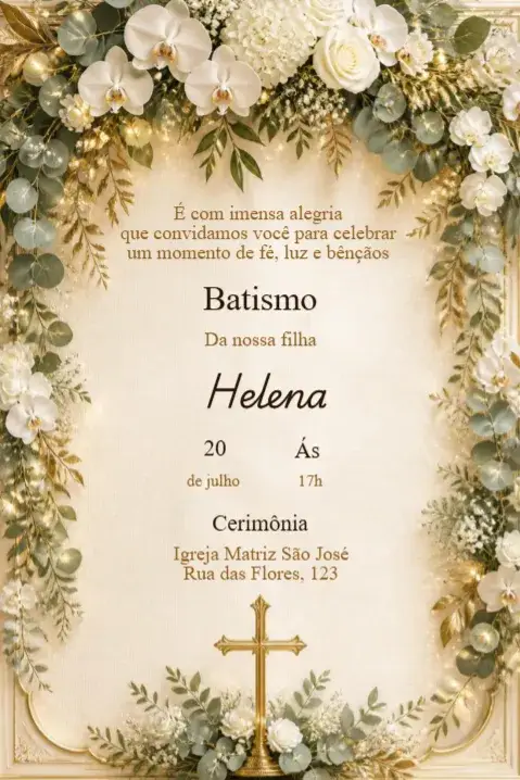 Floral Baptism Invitation with Orchids and Golden Cross